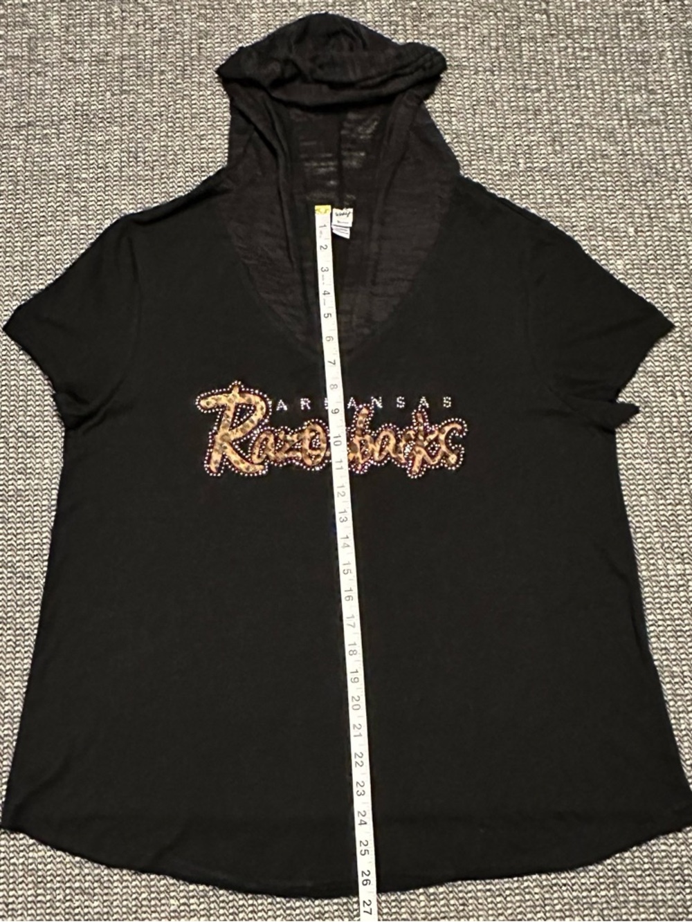 Arkansas Razorbacks Black Short-Sleeve Hooded V-Neck Tee with Rhinestone Script - Picture 3 of 5